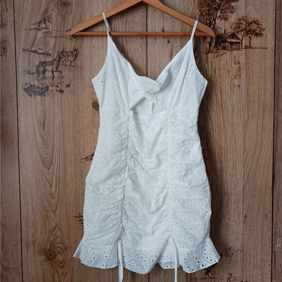 Shein Coquette White Eyelet Cut Out Twist Front Ruche Mini Dress Size 4 - Picture 1 of 10